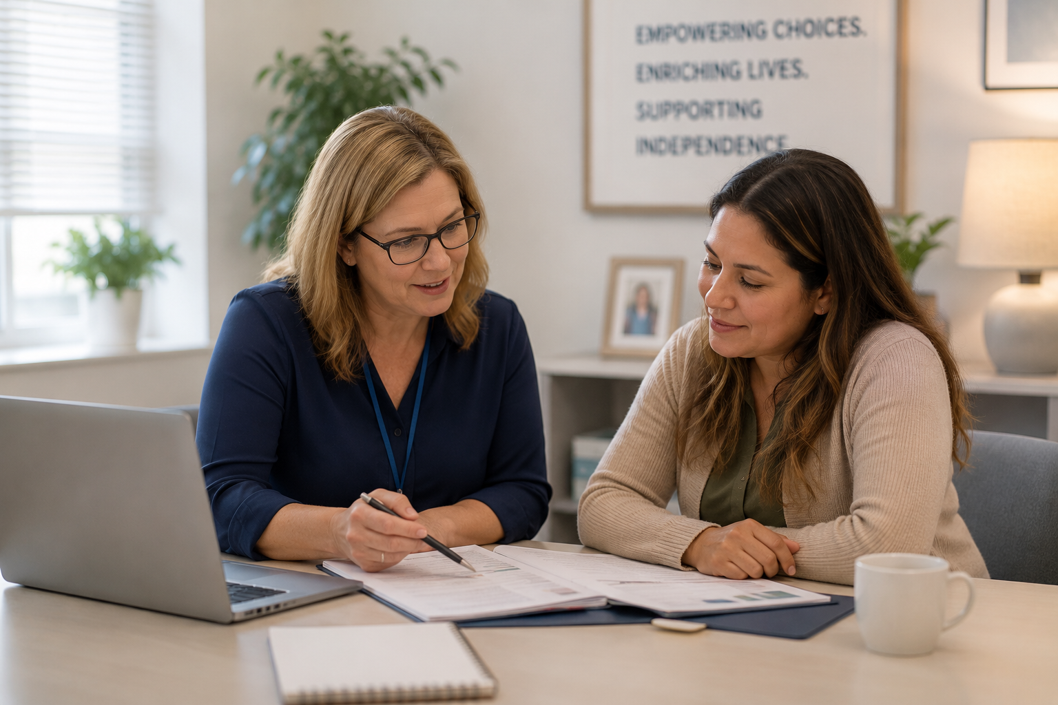 Coordinator and provider in a calm, focused conversation
